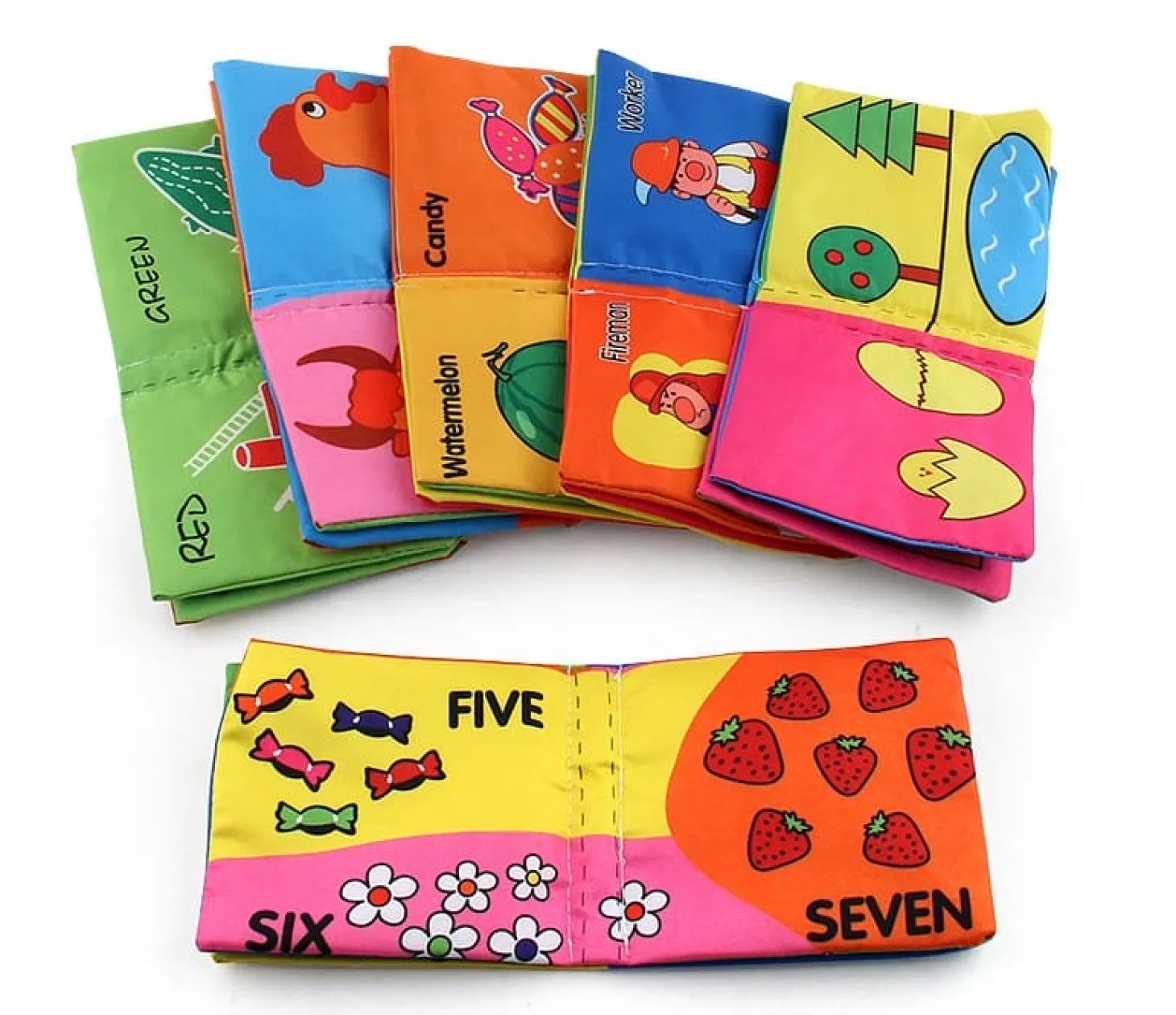 Numbers Animals Shapes Colours Food Characters Educational Cloth Book with Sound Paper Set of 6 - Multicolour