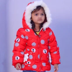 Polka Dotted Red Hooded Full Sleeve Padded Jacket