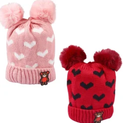 Pom Pom Hearts Red And Pink 2 Pk Woolen Cap