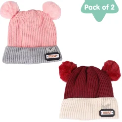 Pom Pom Maroon And Pink 2 Pk Woolen Cap