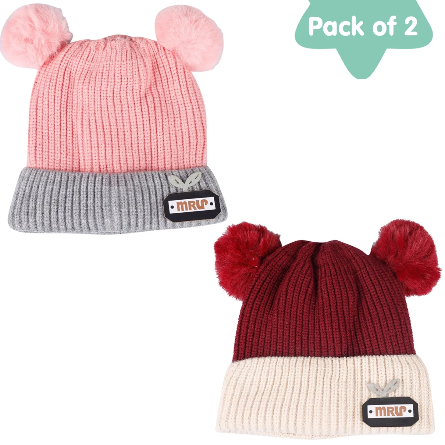 Pom Pom Maroon And Pink 2 Pk Woolen Cap