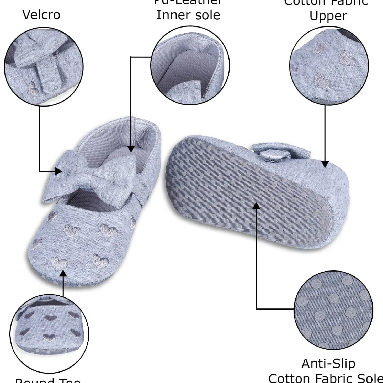 Princess Heart Premium Girls Anti-Slip Ballerina Booties - Grey