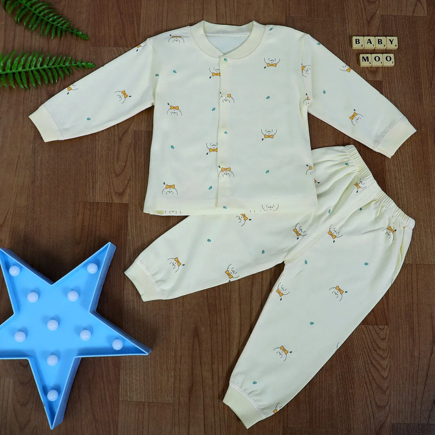 Puppy Face Full Sleeves 2 Piece Buttoned Pyjama Set Night Suit - Yellow