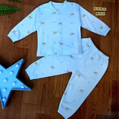 Puppy Face Full Sleeves 2 Piece Buttoned Pyjama Set Night Suit - Blue