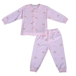 Puppy Face Full Sleeves 2 Piece Buttoned Pyjama Set Night Suit - Pink