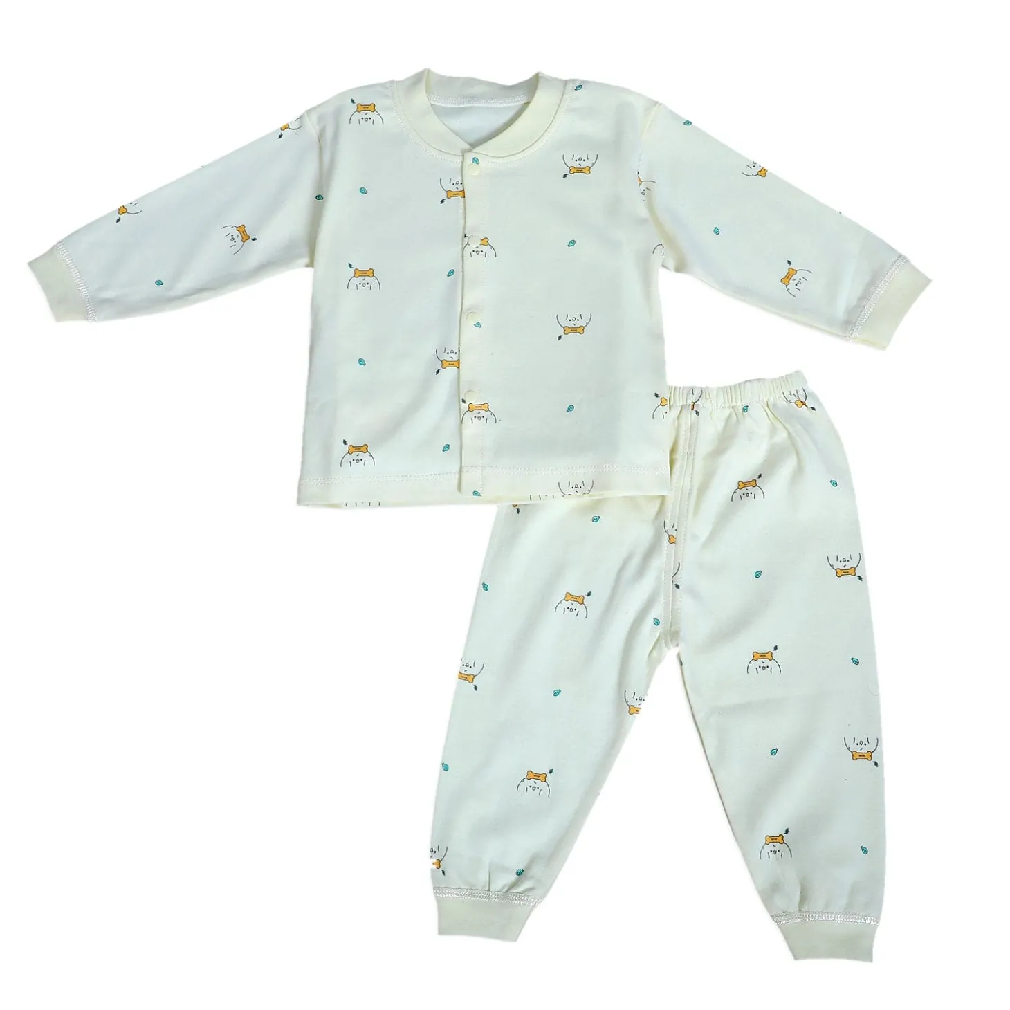Puppy Face Full Sleeves 2 Piece Buttoned Pyjama Set Night Suit - Yellow