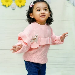 Ruffled Jumper Solid Premium Full Sleeves Braided Knit Sweater - Pink