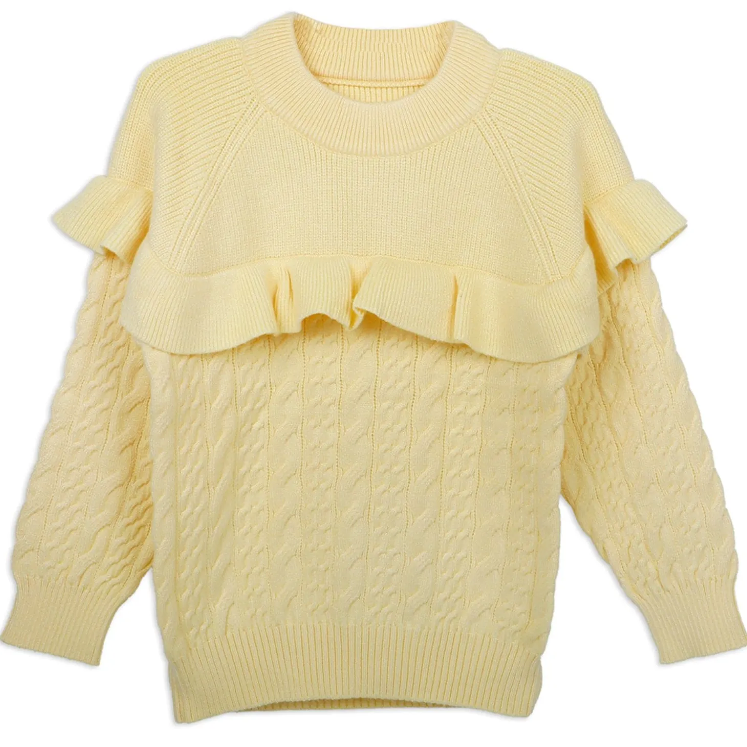 Ruffled Jumper Solid Premium Full Sleeves Braided Knit Sweater - Yellow