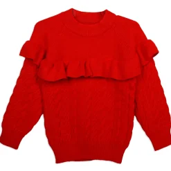 Ruffled Jumper Solid Premium Full Sleeves Braided Knit Sweater - Red