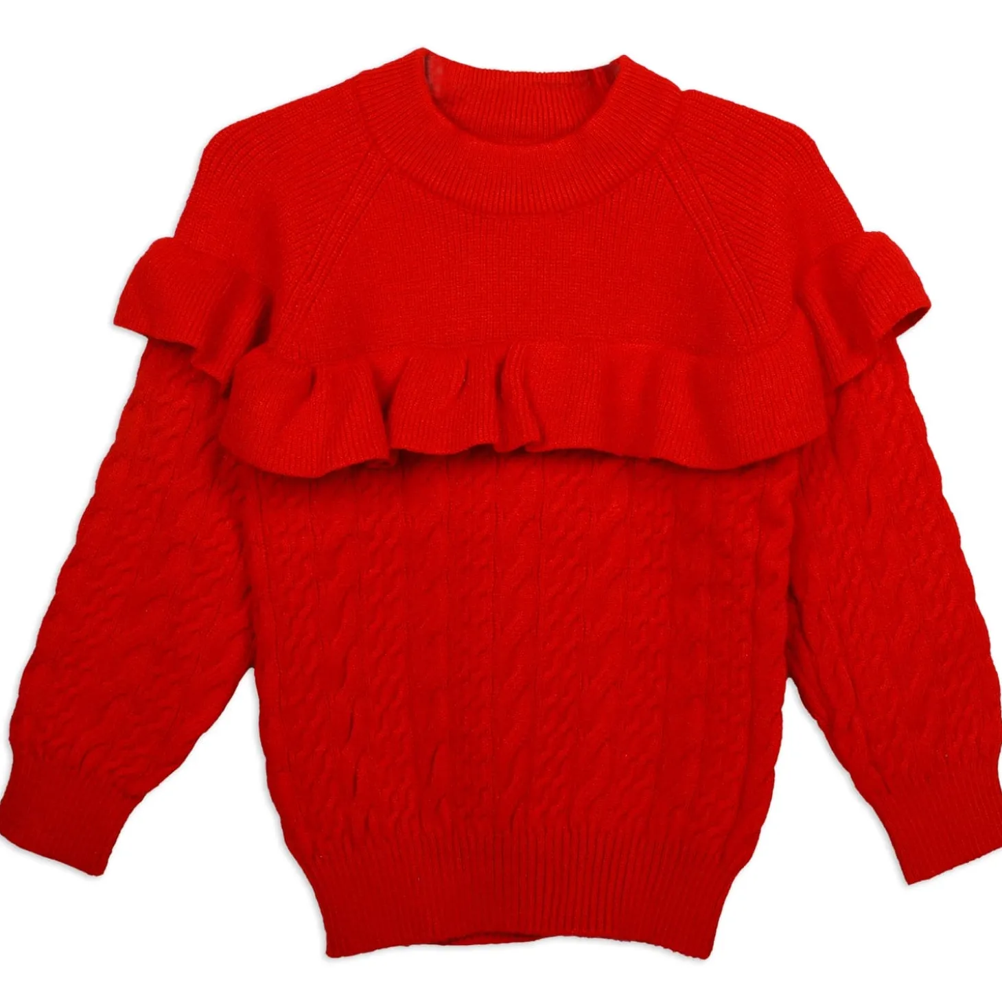 Ruffled Jumper Solid Premium Full Sleeves Braided Knit Sweater - Red