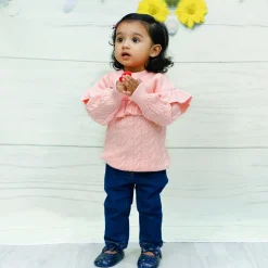 Ruffled Jumper Solid Premium Full Sleeves Braided Knit Sweater - Pink
