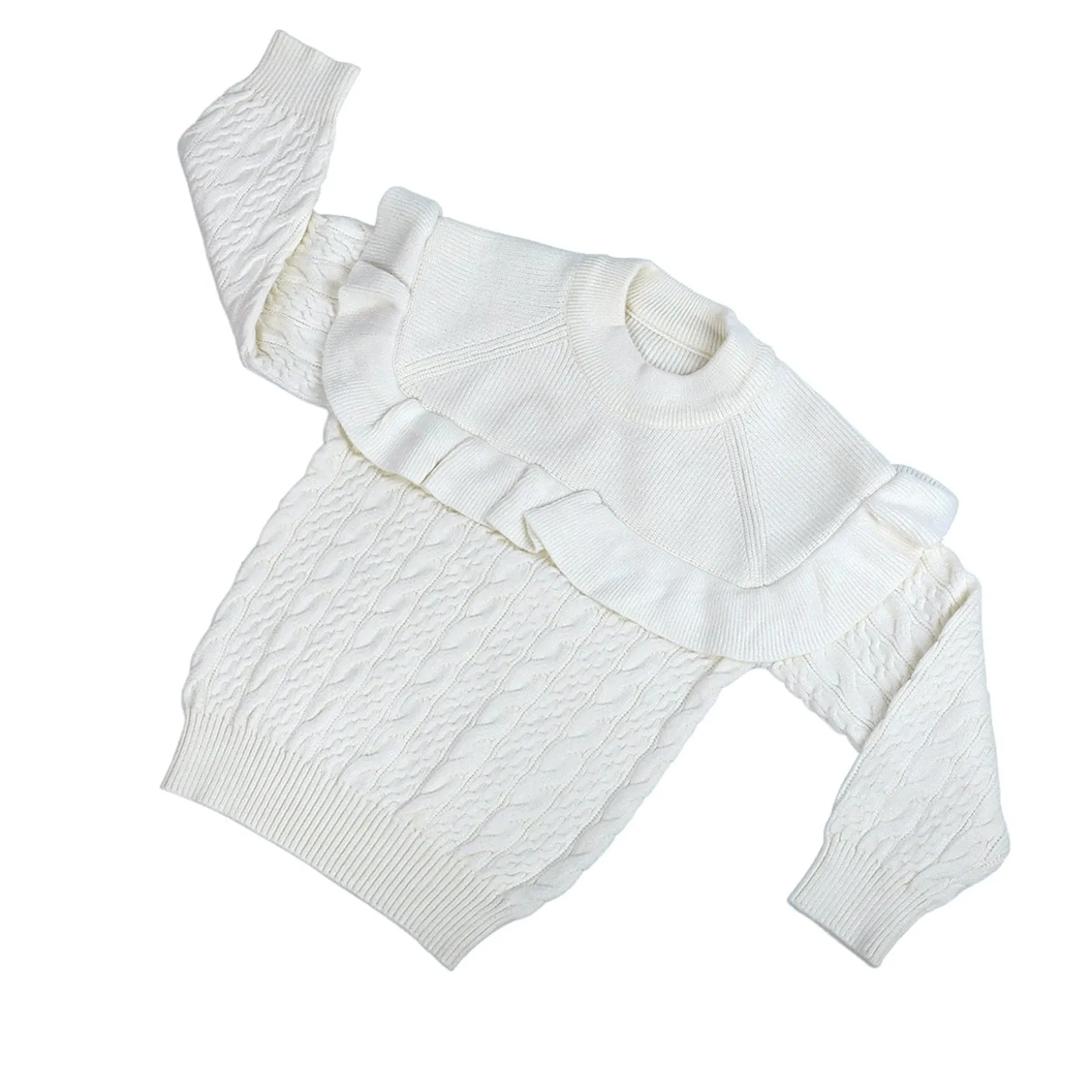 Ruffled Jumper Solid Premium Full Sleeves Braided Knit Sweater - White
