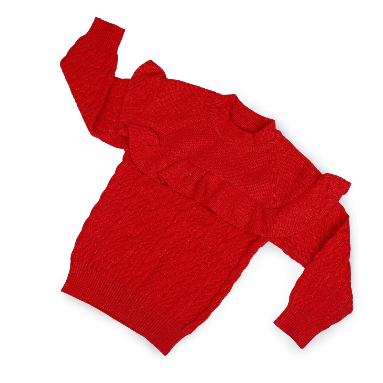Ruffled Jumper Solid Premium Full Sleeves Braided Knit Sweater - Red