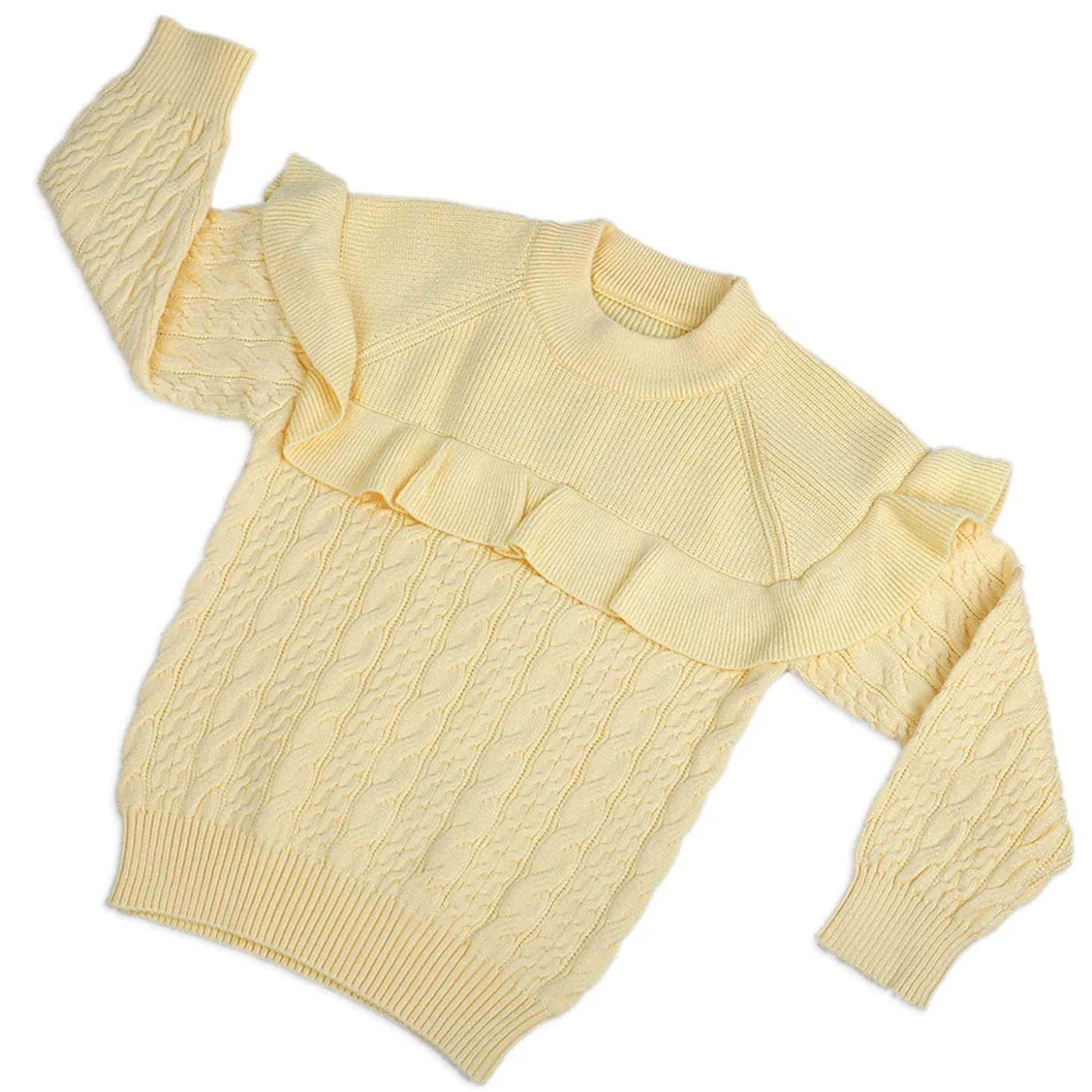 Ruffled Jumper Solid Premium Full Sleeves Braided Knit Sweater - Yellow