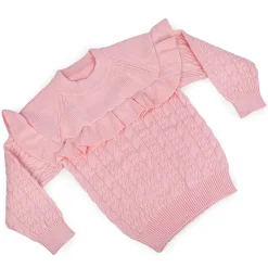 Ruffled Jumper Solid Premium Full Sleeves Braided Knit Sweater - Pink