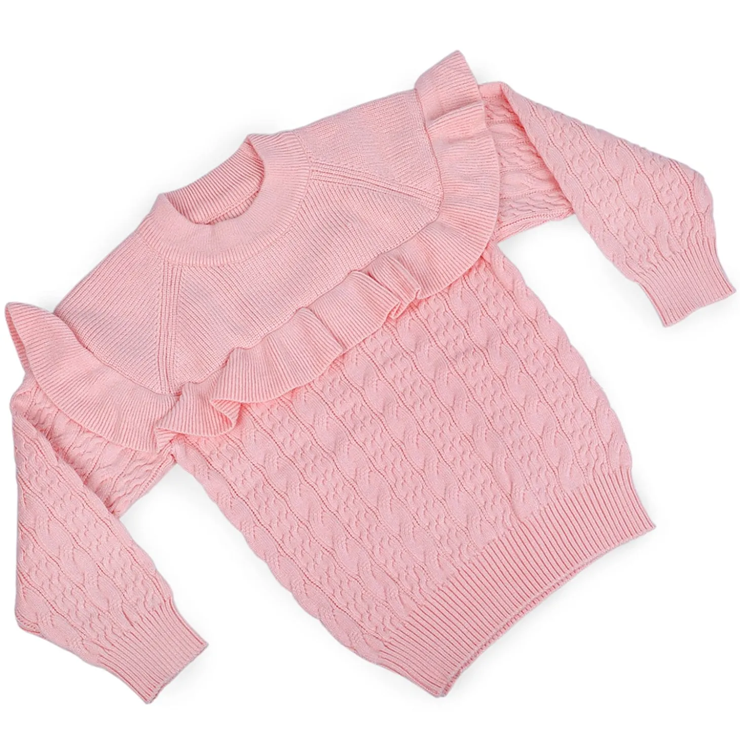 Ruffled Jumper Solid Premium Full Sleeves Braided Knit Sweater - Pink