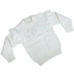 Ruffled Jumper Solid Premium Full Sleeves Braided Knit Sweater - White