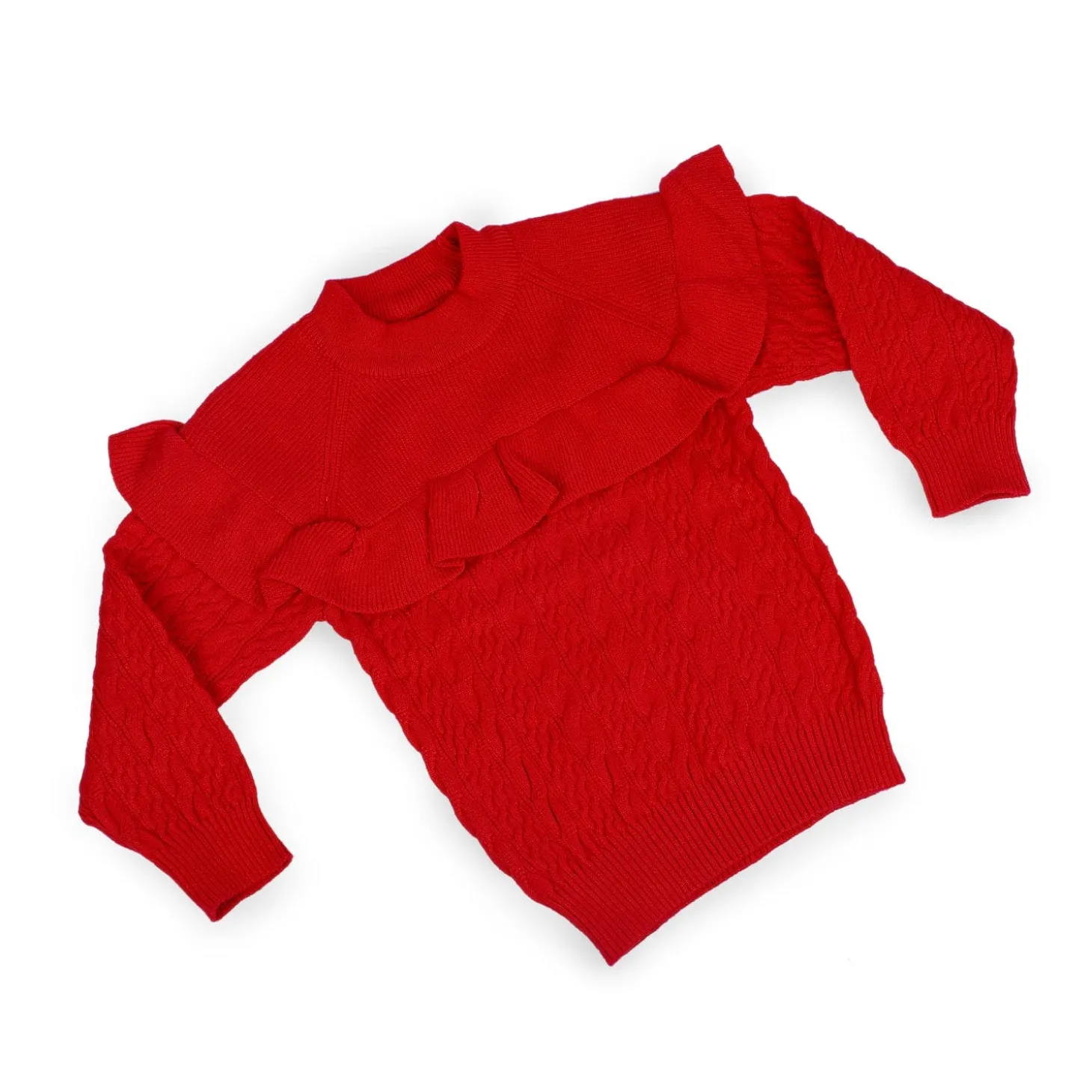 Ruffled Jumper Solid Premium Full Sleeves Braided Knit Sweater - Red