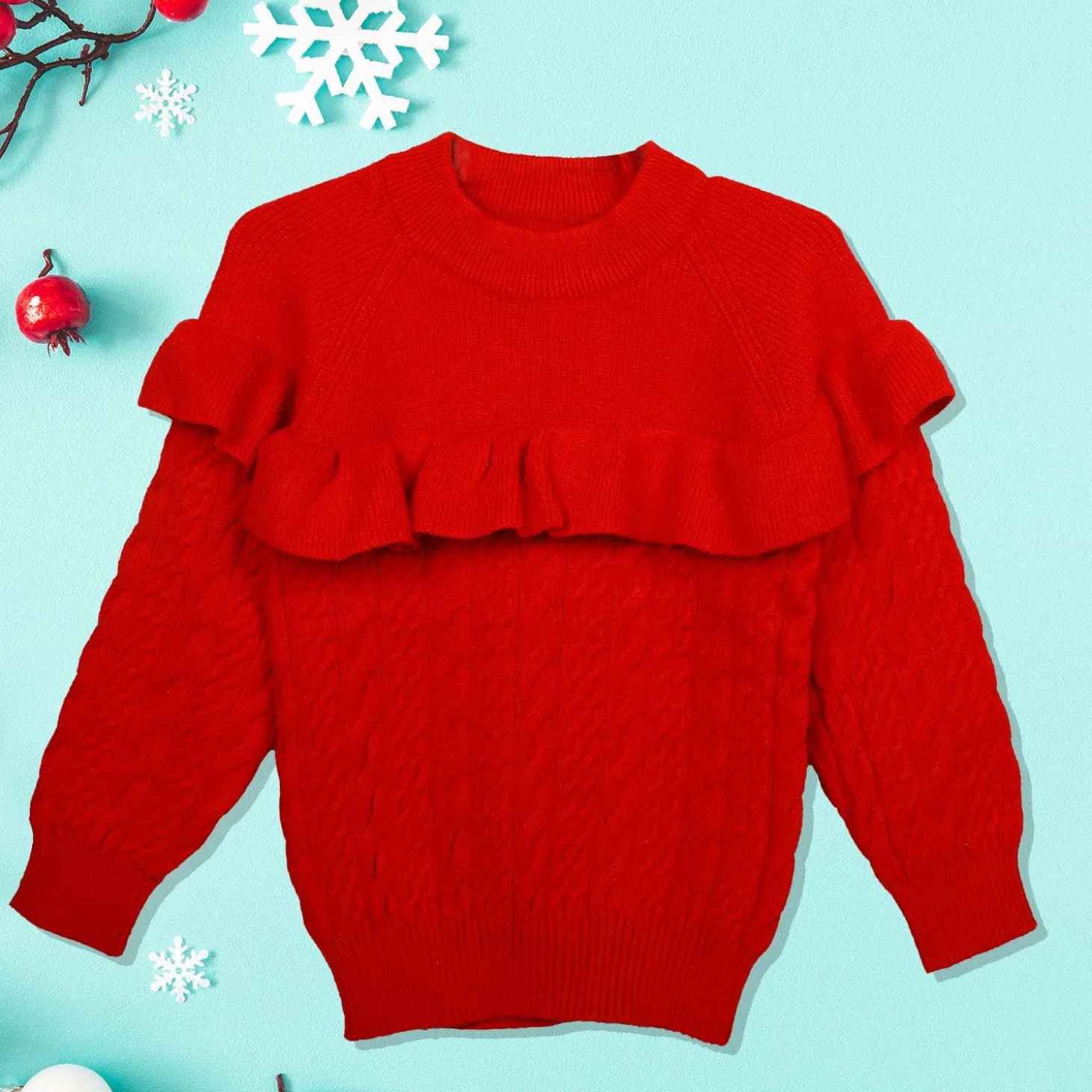 Ruffled Jumper Solid Premium Full Sleeves Braided Knit Sweater - Red