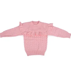 Ruffled Jumper Solid Premium Full Sleeves Braided Knit Sweater - Pink