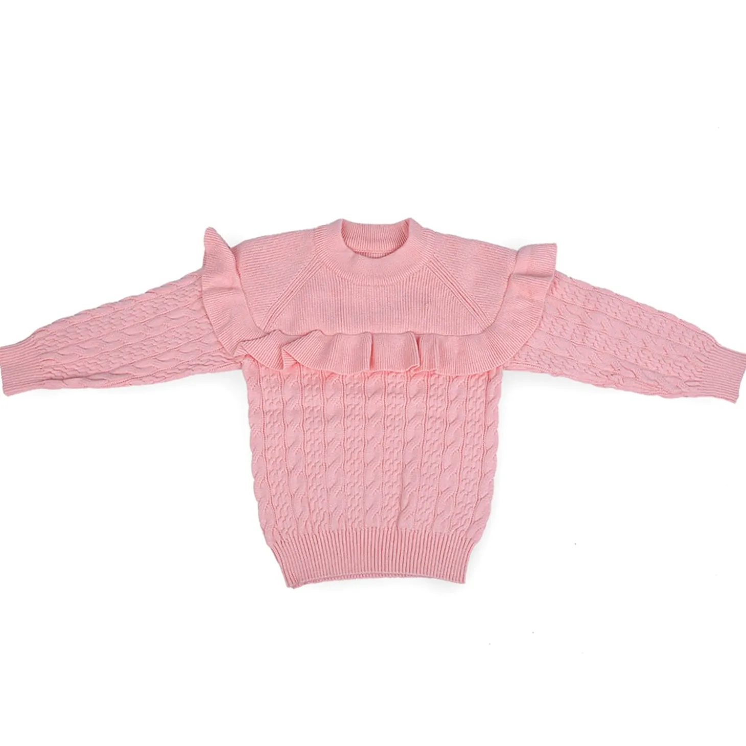 Ruffled Jumper Solid Premium Full Sleeves Braided Knit Sweater - Pink