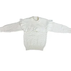 Ruffled Jumper Solid Premium Full Sleeves Braided Knit Sweater - White