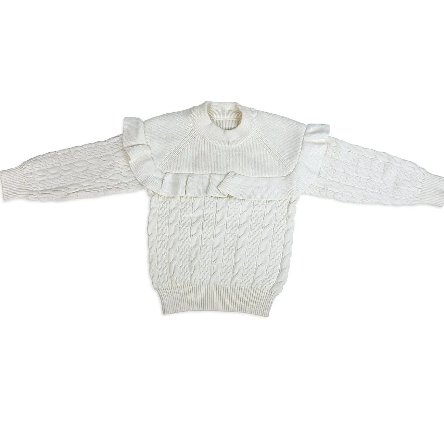 Ruffled Jumper Solid Premium Full Sleeves Braided Knit Sweater - White