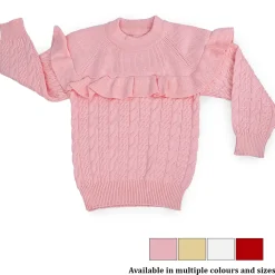 Ruffled Jumper Solid Premium Full Sleeves Braided Knit Sweater - Pink