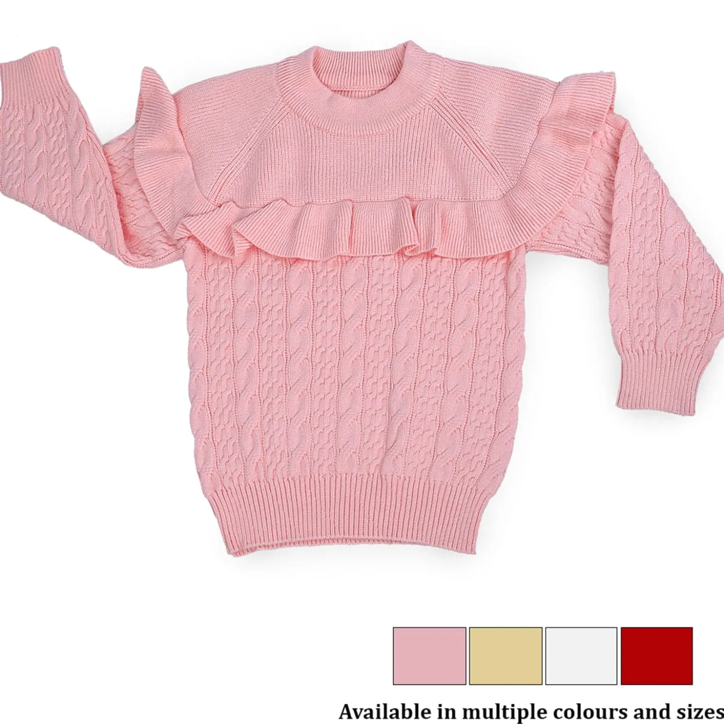 Ruffled Jumper Solid Premium Full Sleeves Braided Knit Sweater - Pink
