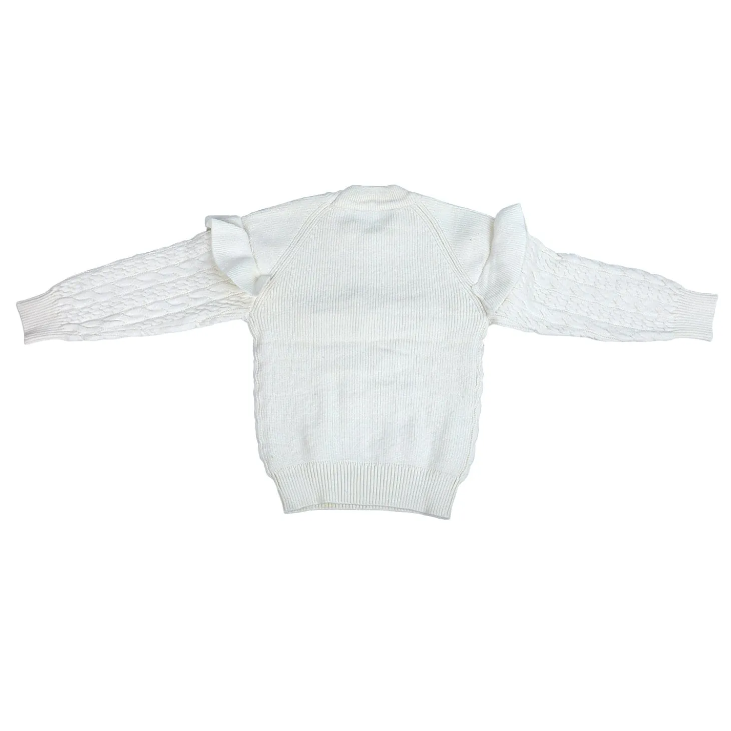 Ruffled Jumper Solid Premium Full Sleeves Braided Knit Sweater - White