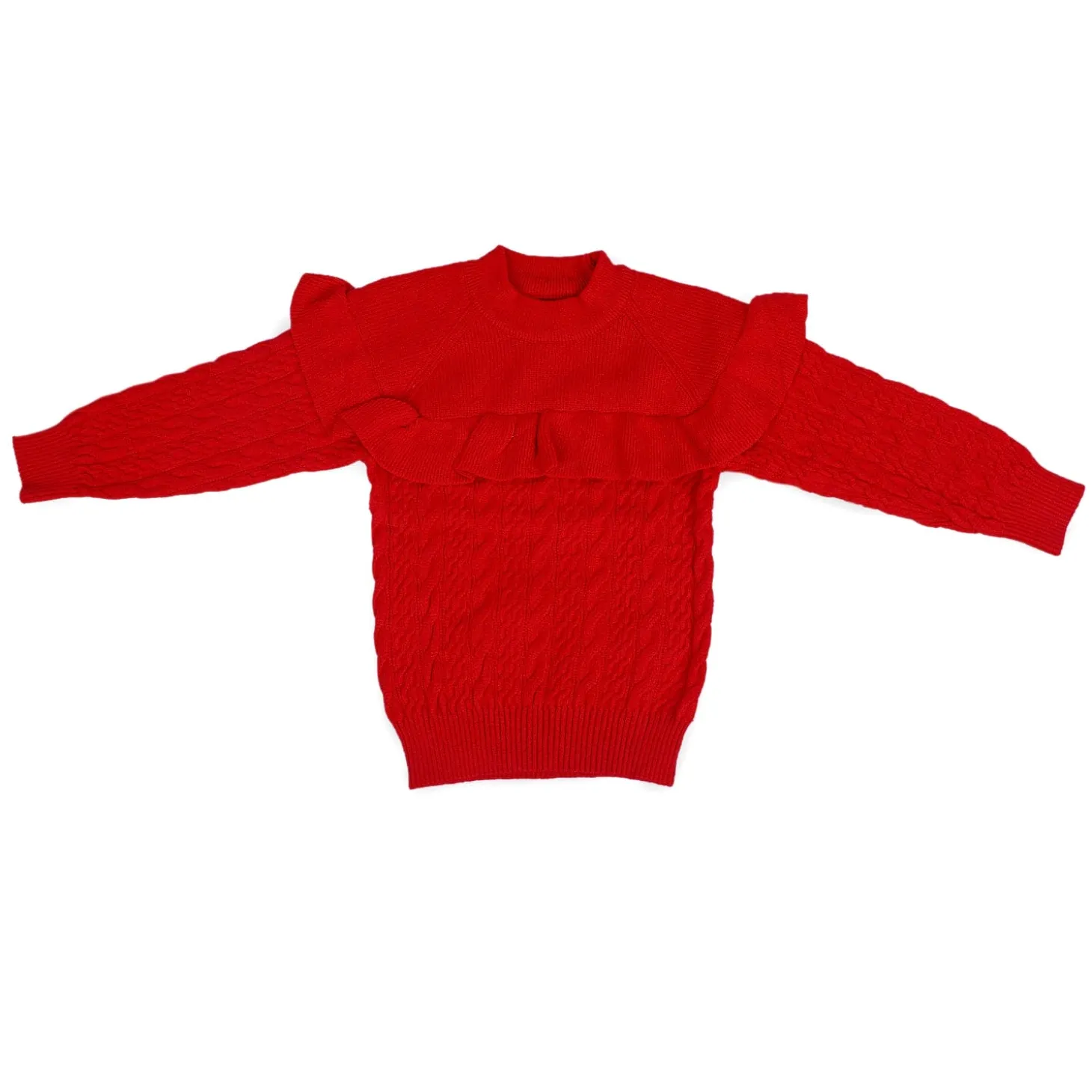 Ruffled Jumper Solid Premium Full Sleeves Braided Knit Sweater - Red