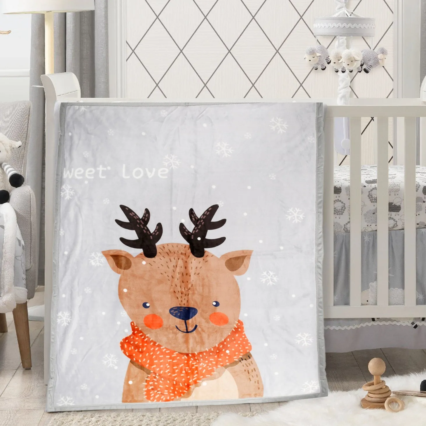 Snowy Reindeer Grey Two-Ply Blanket