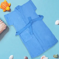 Solid Toddler Half Sleeves Pocket with Waist Belt Bathrobe - Blue