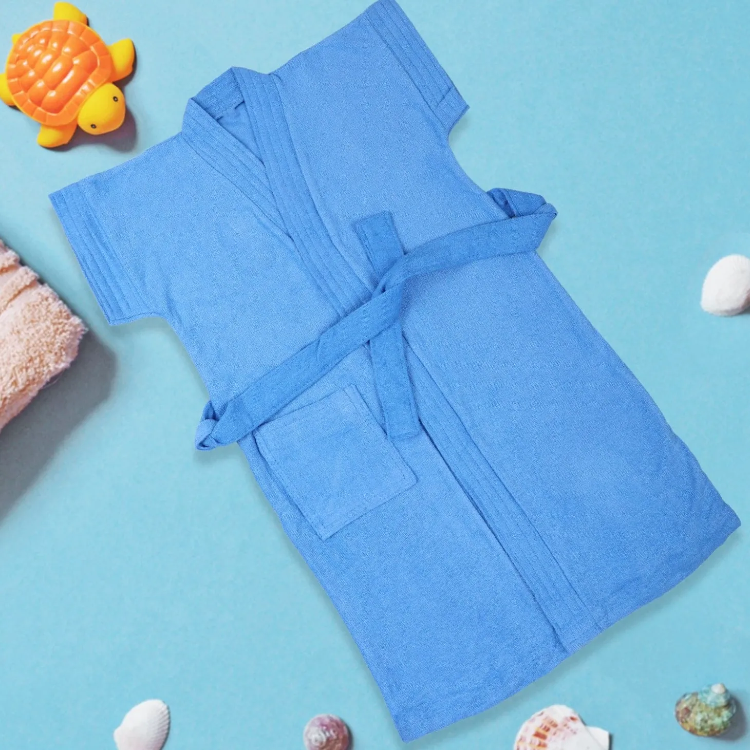 Solid Toddler Half Sleeves Pocket with Waist Belt Bathrobe - Blue