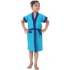 Solid With Piping Toddler Half Sleeves Pocket with Waist Belt Bathrobe - Blue
