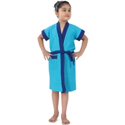 Solid With Piping Toddler Half Sleeves Pocket with Waist Belt Bathrobe - Blue