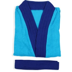 Solid With Piping Toddler Half Sleeves Pocket with Waist Belt Bathrobe - Blue