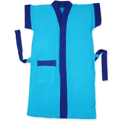 Solid With Piping Toddler Half Sleeves Pocket with Waist Belt Bathrobe - Blue