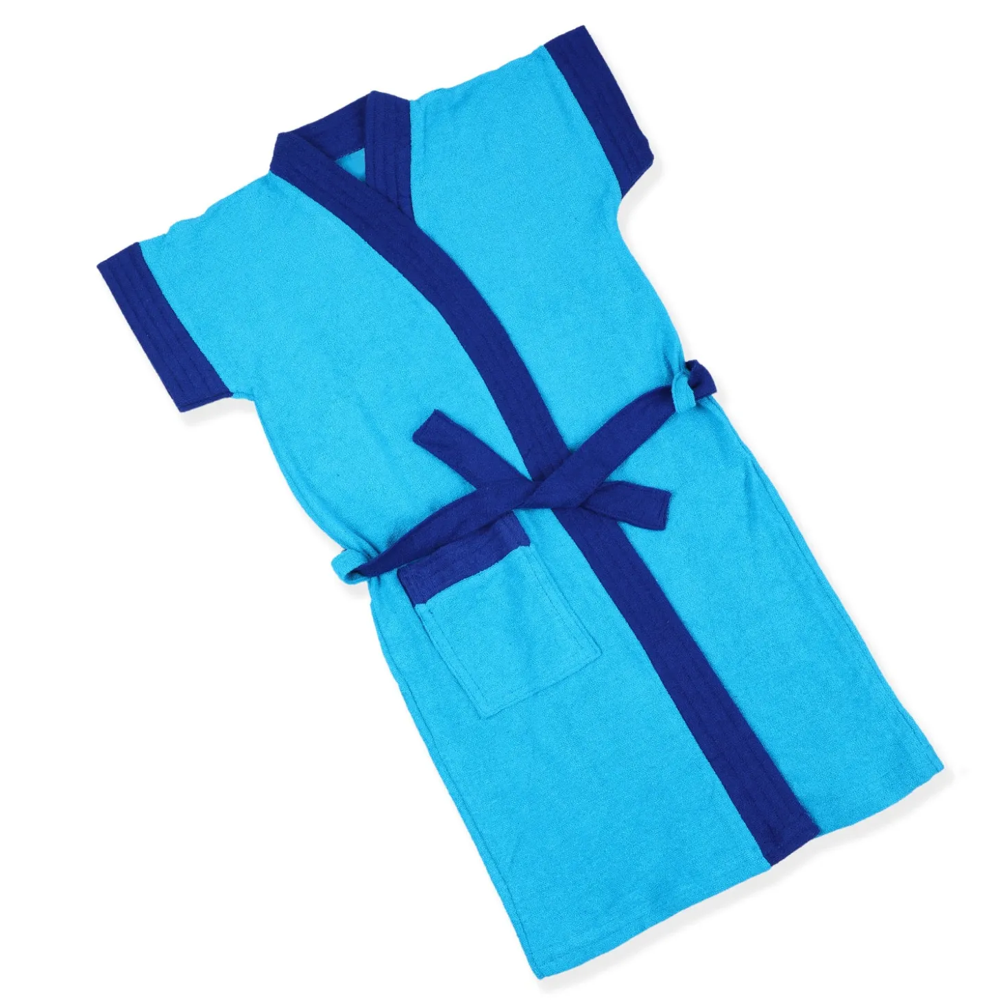 Solid With Piping Toddler Half Sleeves Pocket with Waist Belt Bathrobe - Blue