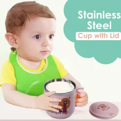 Stainless Steel Water Cup with Lid Bear - Pink
