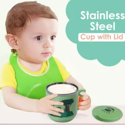 Stainless Steel Water Cup with Lid Dinosaur - Green
