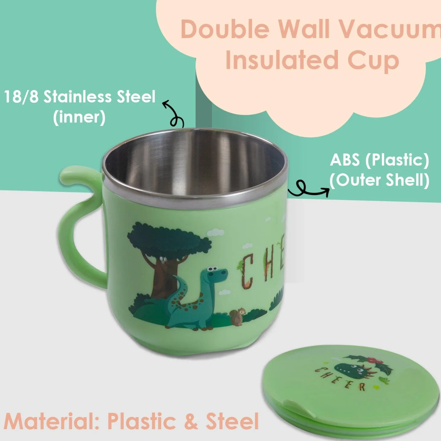 Stainless Steel Water Cup with Lid Dinosaur - Green