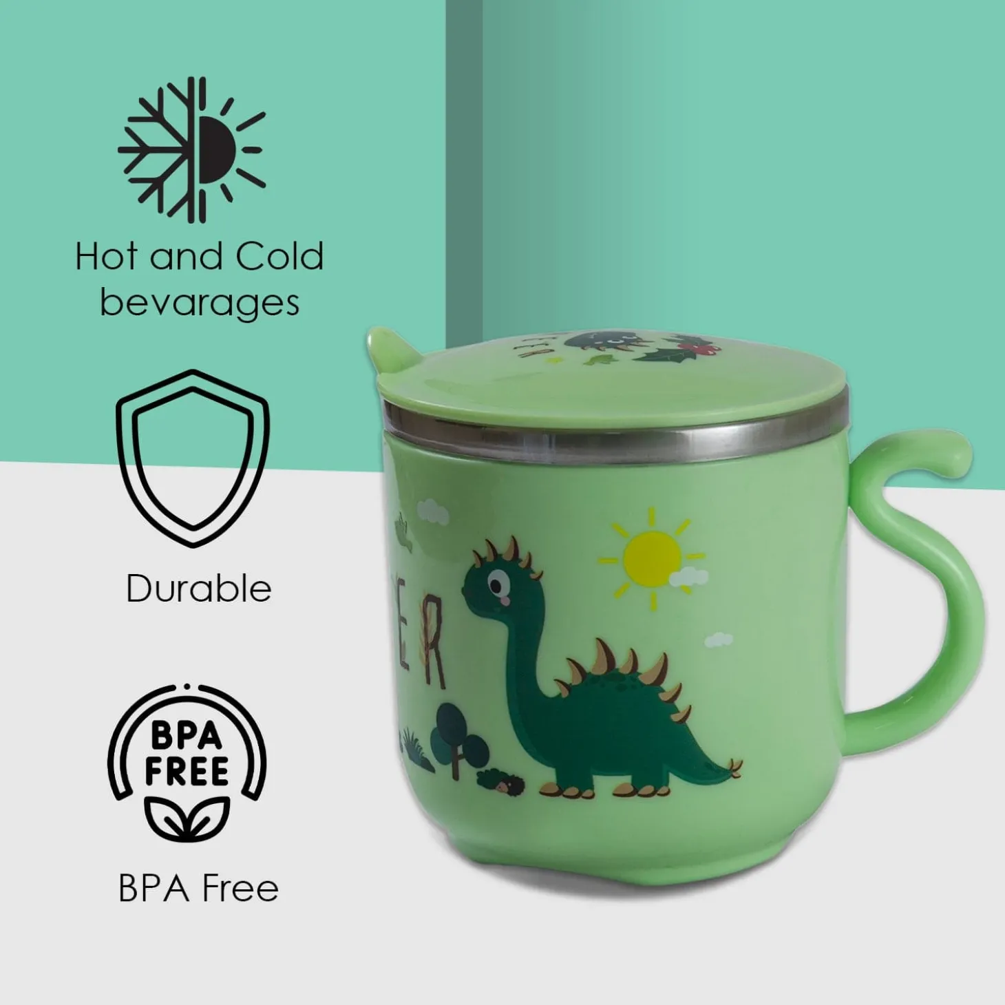 Stainless Steel Water Cup with Lid Dinosaur - Green