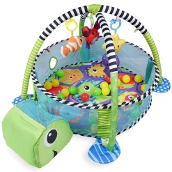 Turtle Infant Play Mat Activity Gym With Hanging Toys And Balls - Green