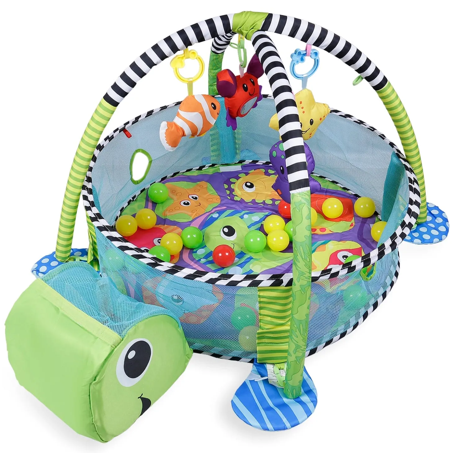 Turtle Infant Play Mat Activity Gym With Hanging Toys And Balls - Green
