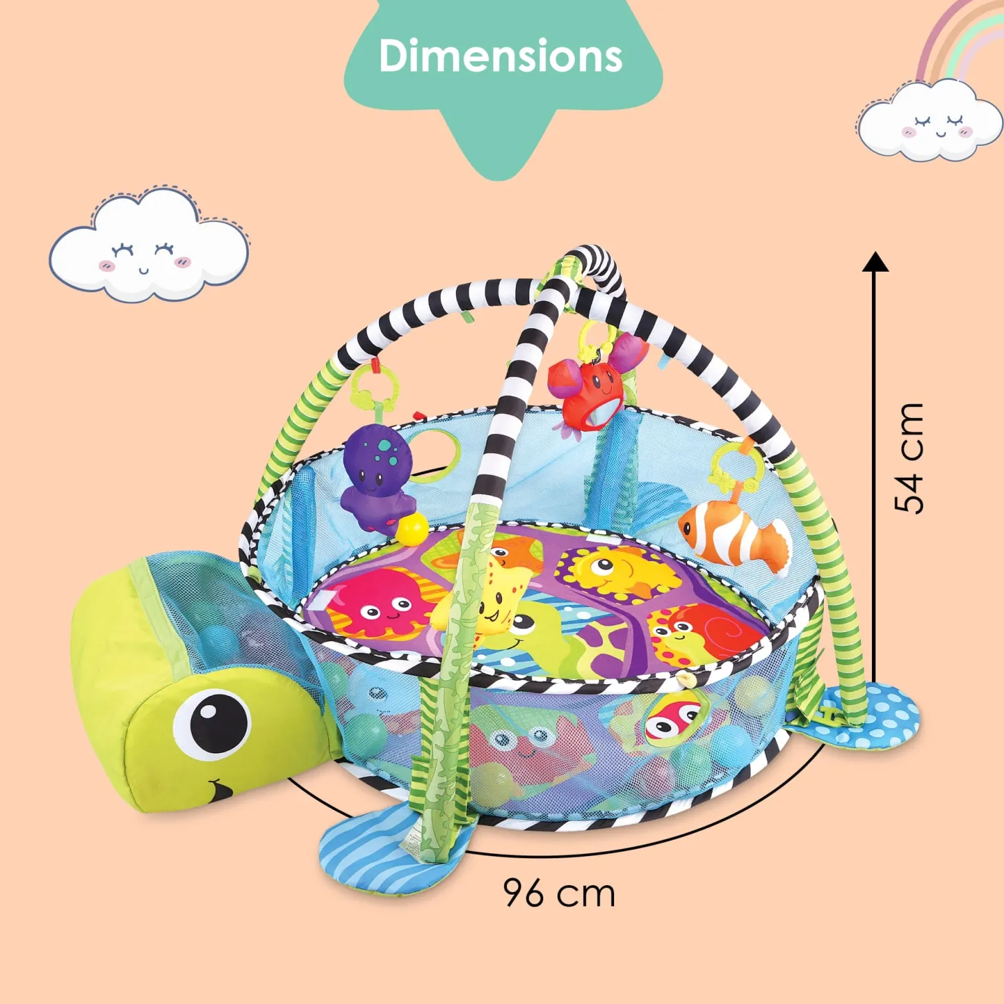 Turtle Infant Play Mat Activity Gym With Hanging Toys And Balls - Green