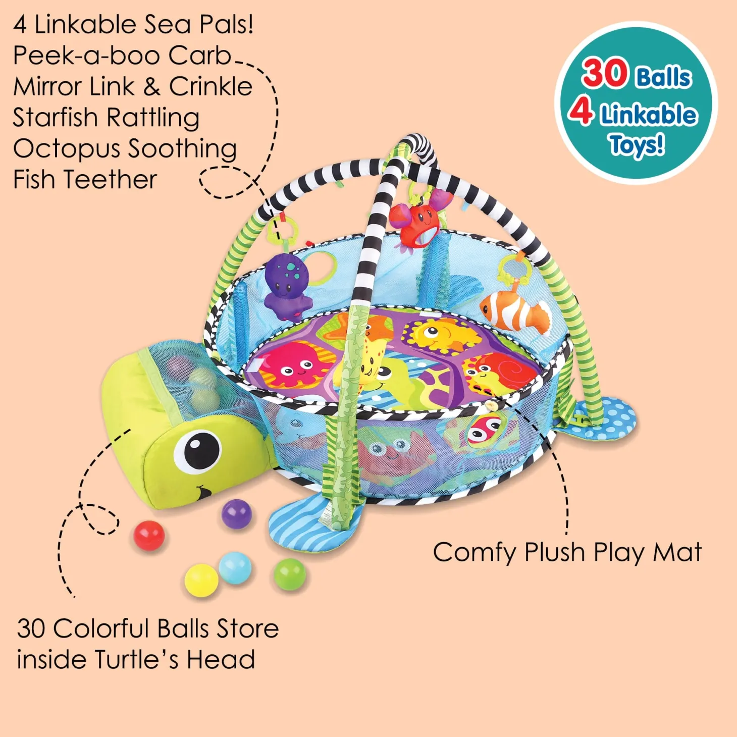 Turtle Infant Play Mat Activity Gym With Hanging Toys And Balls - Green