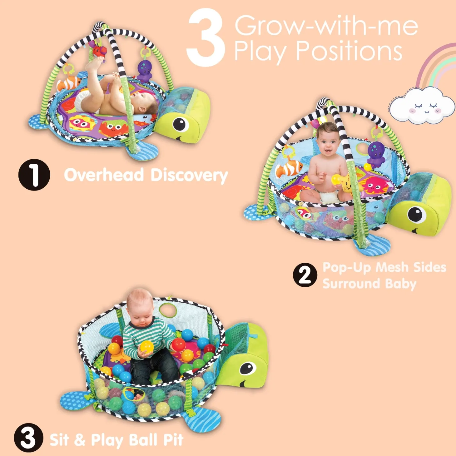 Turtle Infant Play Mat Activity Gym With Hanging Toys And Balls - Green