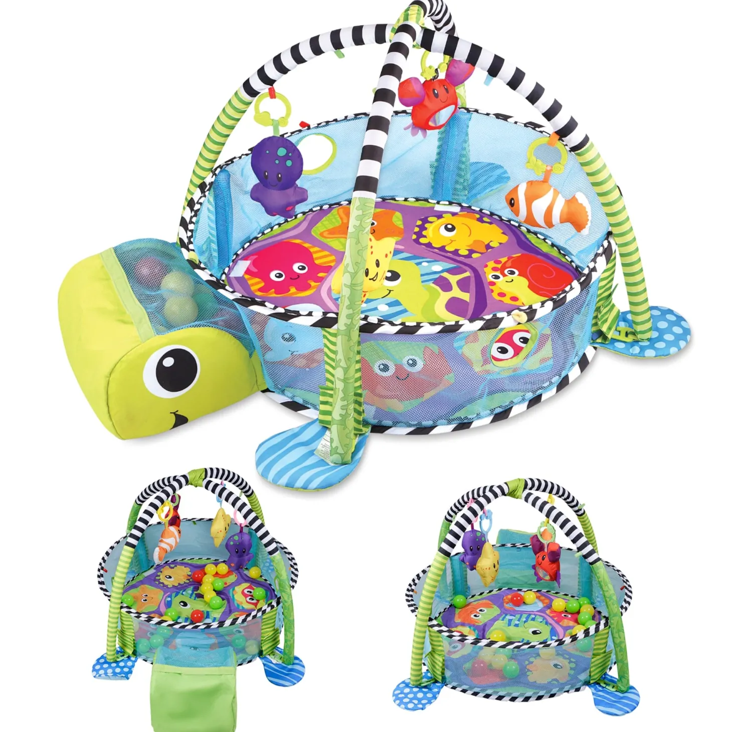 Turtle Infant Play Mat Activity Gym With Hanging Toys And Balls - Green