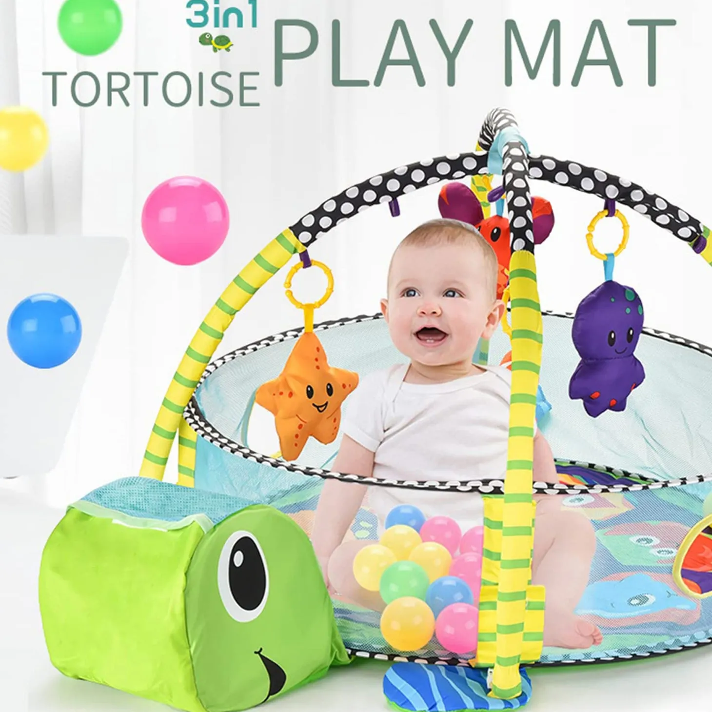 Turtle Infant Play Mat Activity Gym With Hanging Toys And Balls - Green